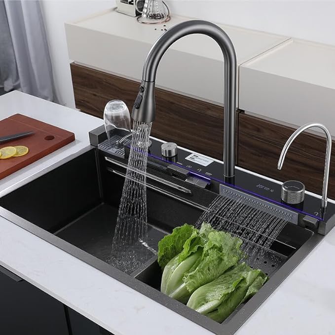 Waterfall Kitchen Sink Integrated HONEYCOMB DESIGN 304 Grade With BLACK Finish Single Bowl Stainless Steel Multifunction Kitchen Sink (30 X 18 Piano Sink)