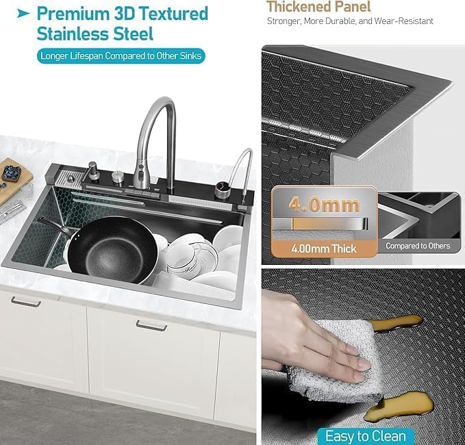 Waterfall Kitchen Sink Integrated HONEYCOMB DESIGN 304 Grade With BLACK Finish Single Bowl Stainless Steel Multifunction Kitchen Sink (30 X 18 Piano Sink)