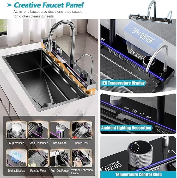 Waterfall Kitchen Sink Integrated HONEYCOMB DESIGN 304 Grade With BLACK Finish Single Bowl Stainless Steel Multifunction Kitchen Sink (30 X 18 Piano Sink)