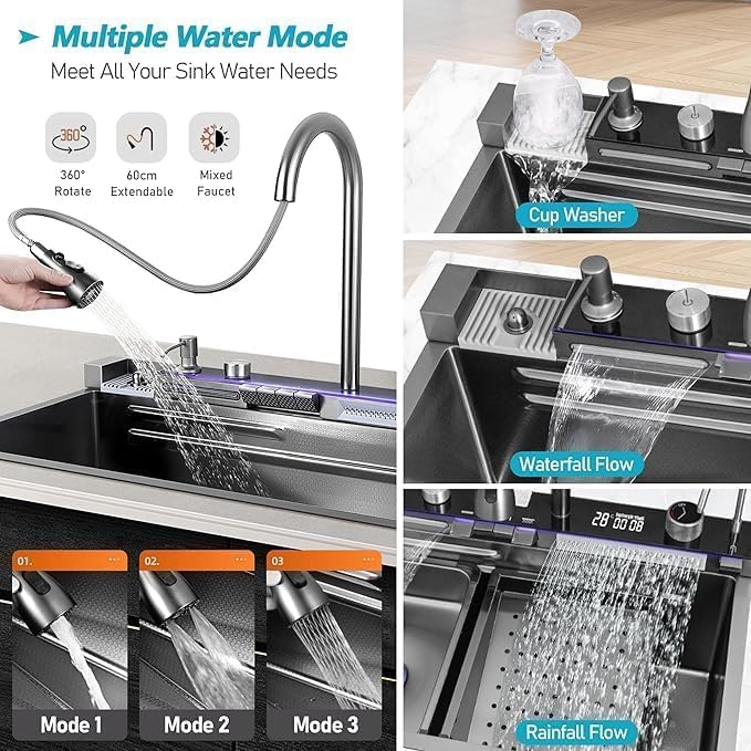Waterfall Kitchen Sink Integrated HONEYCOMB DESIGN 304 Grade With BLACK Finish Single Bowl Stainless Steel Multifunction Kitchen Sink (30 X 18 Piano Sink)