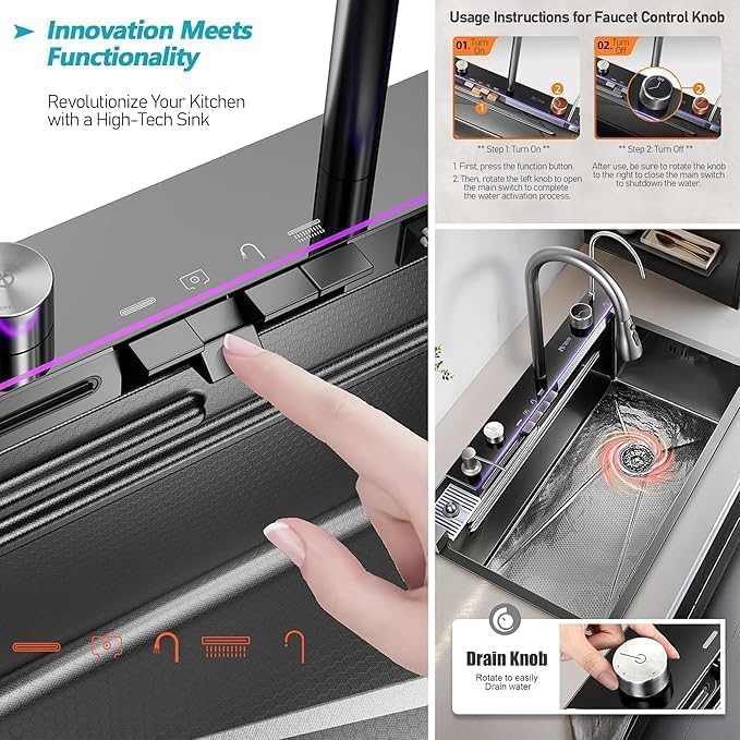 Waterfall Kitchen Sink Integrated HONEYCOMB DESIGN 304 Grade With BLACK Finish Single Bowl Stainless Steel Multifunction Kitchen Sink (30 X 18 Piano Sink)