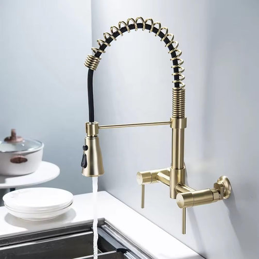 B Backline Brass Wall-Mounted Kitchen Sink Mixer Tap 360° Swivel Pull-Out Sprayer Kitchen Faucet with 3 Flow Spray Head | Kitchen Sink Hot & Cold Mixer Faucet | 5 Years Warrenty (Brushed Gold)
