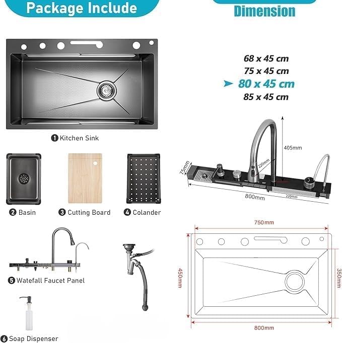 Waterfall Kitchen Sink Integrated HONEYCOMB DESIGN 304 Grade With BLACK Finish Single Bowl Stainless Steel Multifunction Kitchen Sink (30 X 18 Piano Sink)