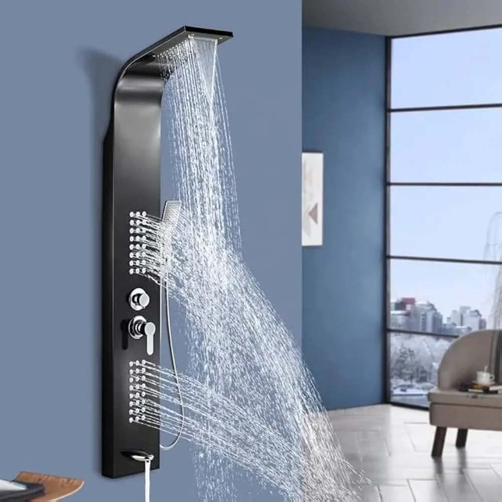 InArt Stainless Steel 304 Grade Shower Panel 5 in 1 Tower System with Waterfall, Rainfall Shower, Body Massage Spray, SS Handheld Shower, and Glass Shelf Mirror Black Color