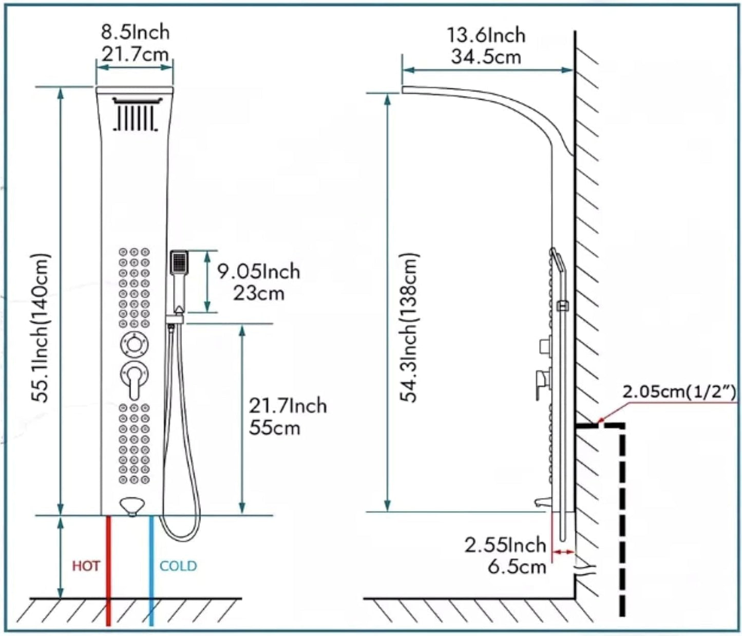 InArt Stainless Steel Shower Panel Tower System, Wall-Mount Shower Panel with Rainfall Waterfall Shower Head, Massage Body Jets, Tub Spout, Handheld Shower Rose Gold
