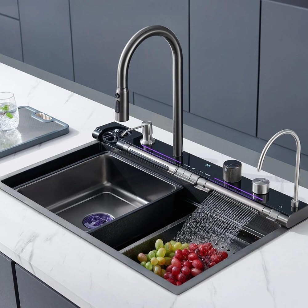 30 x 18 x 9 inches Digital Sink Anti Scratch Honeycomb Design Kitchen Sink | 7-Piano Switch with Waterfall and Pull-Down Faucet | 304 Grade Steel Sink with LED Digital Display & RO Tap