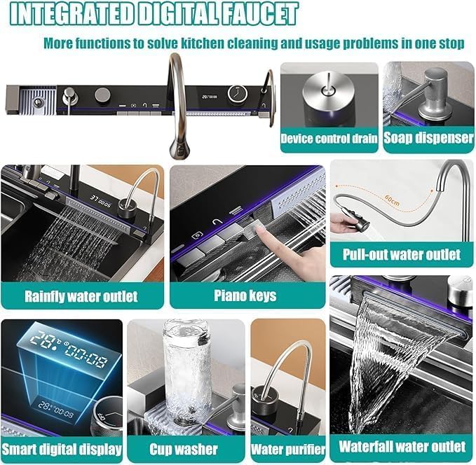 Waterfall Kitchen Sink Integrated HONEYCOMB DESIGN 304 Grade With BLACK Finish Single Bowl Stainless Steel Multifunction Kitchen Sink (30 X 18 Piano Sink)