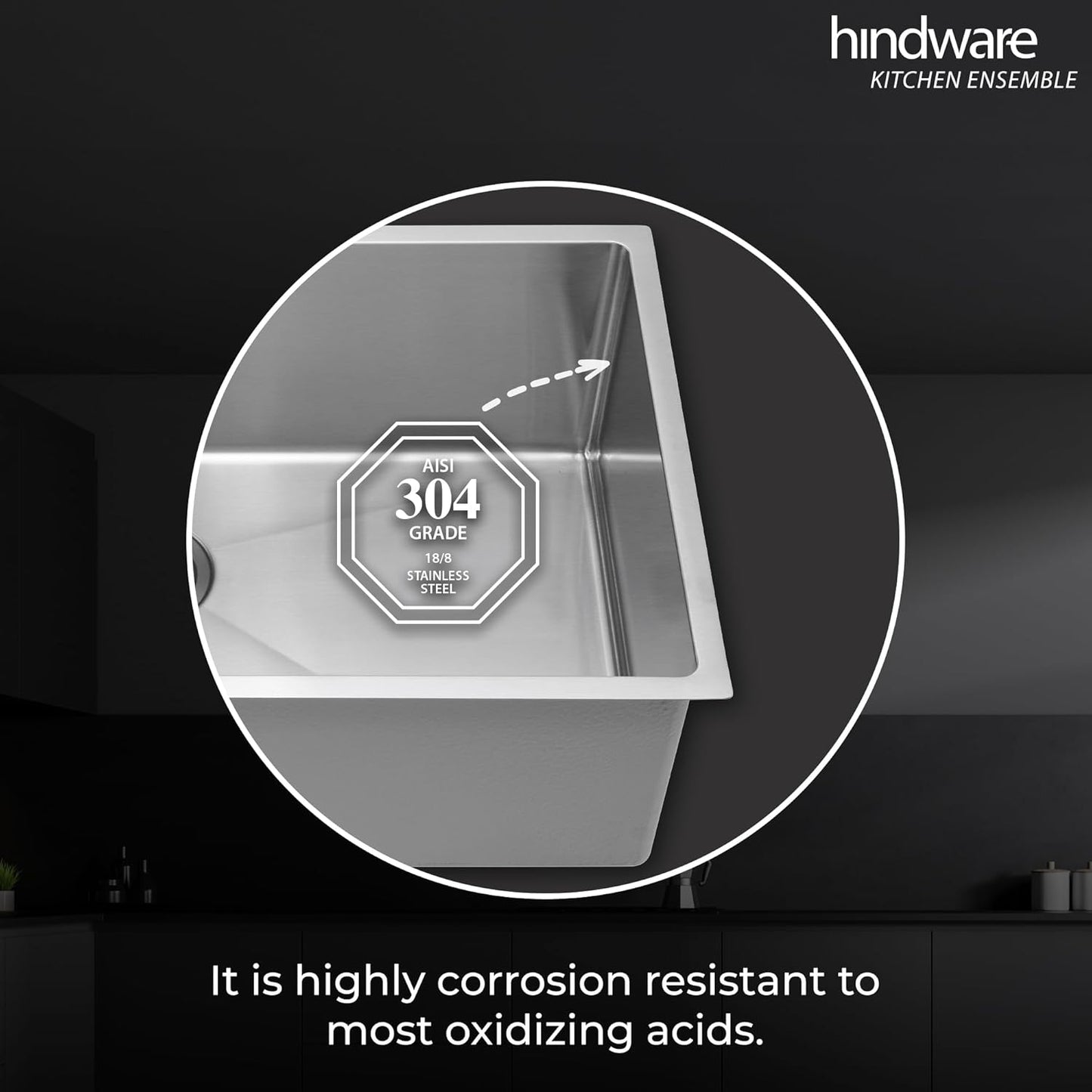 Hindware Kitchen Sink 24"x18"x9"| 304 Grade Stainless Steel | Handmade Single Bowl Sink With Waste Coupling | 25 Yrs Warranty on Product by Brand (Domingo Neo)