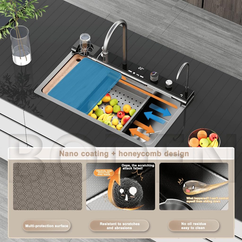 30 x 18 x 9 inches Digital Sink Anti Scratch Honeycomb Design Kitchen Sink | 7-Piano Switch with Waterfall and Pull-Down Faucet | 304 Grade Steel Sink with LED Digital Display & RO Tap