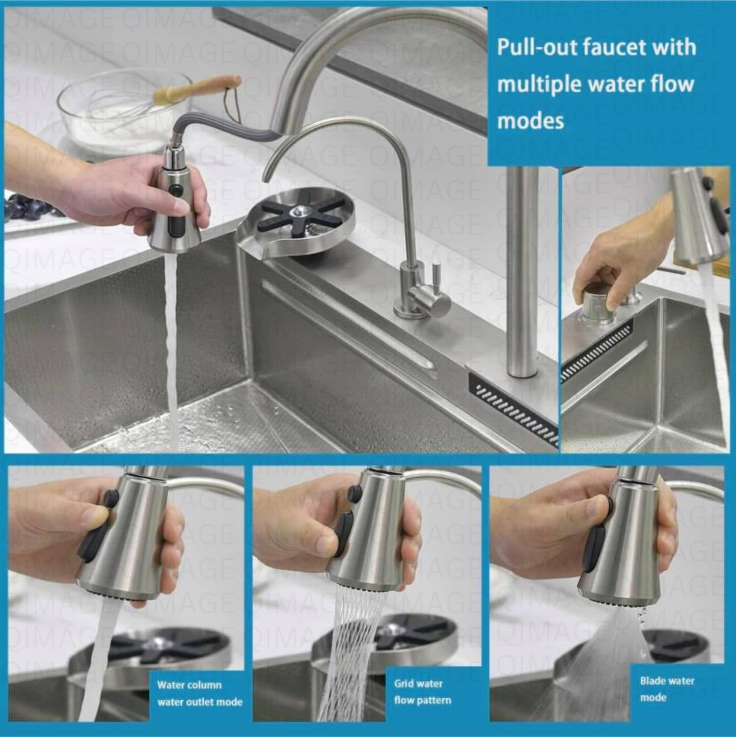 30 x 18 x 9 inches Digital Sink Anti Scratch Honeycomb Design Kitchen Sink | 7-Piano Switch with Waterfall and Pull-Down Faucet | 304 Grade Steel Sink with LED Digital Display & RO Tap