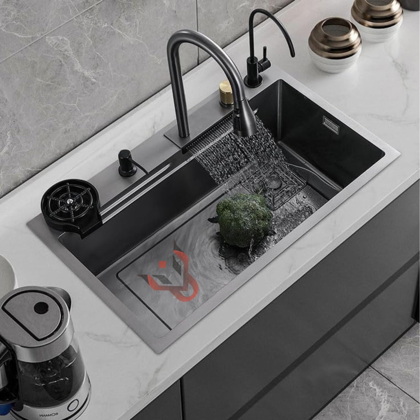 UMAVANSHI Kitchen Sink 304 Grade Anti Scratch Design With Integrated Waterfall And Pull-down Faucet Set and All Accessories (All In One (24X18X9))