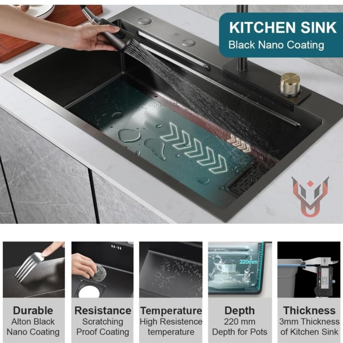 UMAVANSHI Kitchen Sink 304 Grade Anti Scratch Design With Integrated Waterfall And Pull-down Faucet Set and All Accessories (All In One (24X18X9))