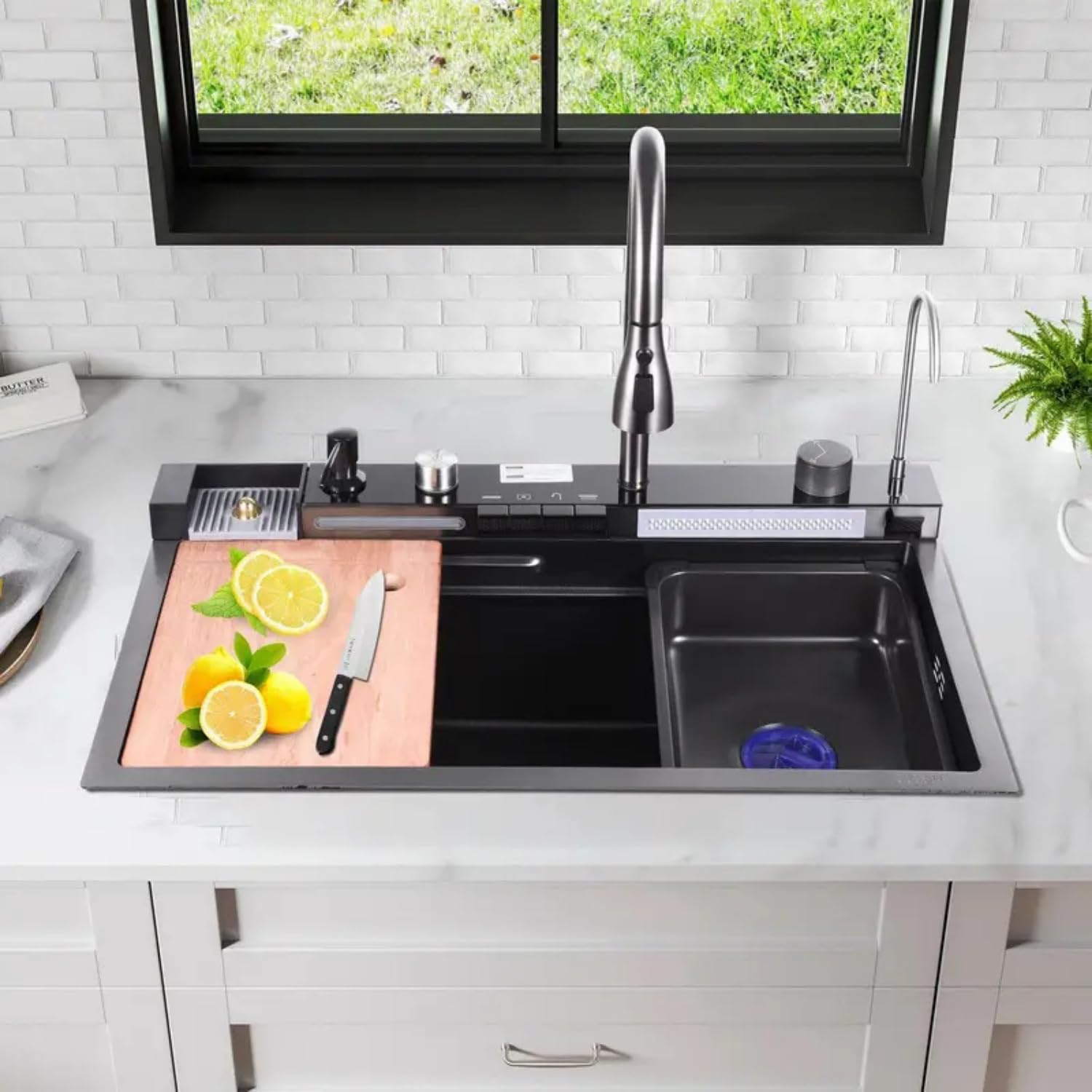 30 x 18 x 9 inches Digital Sink Anti Scratch Honeycomb Design Kitchen Sink | 7-Piano Switch with Waterfall and Pull-Down Faucet | 304 Grade Steel Sink with LED Digital Display & RO Tap
