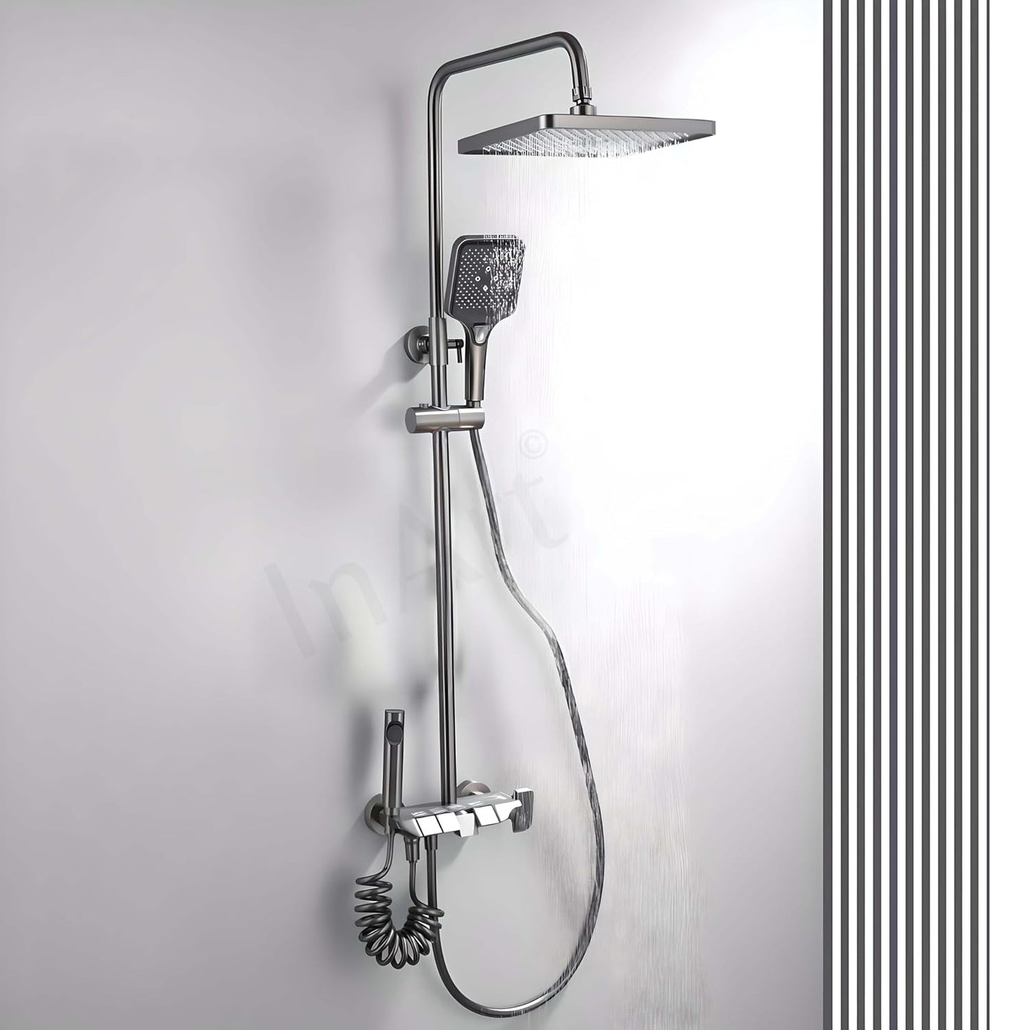 InArt Wall Mixer Shower Panel: SS304 Stainless Steel, Thermostatic, Multi-Mode Rainfall & Waterfall, Gun Grey Finish, Easy Install, Complete Set (Gun Grey 1)
