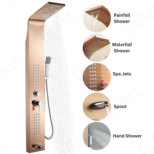 InArt Stainless Steel Shower Panel Tower System, Wall-Mount Shower Panel with Rainfall Waterfall Shower Head, Massage Body Jets, Tub Spout, Handheld Shower Rose Gold