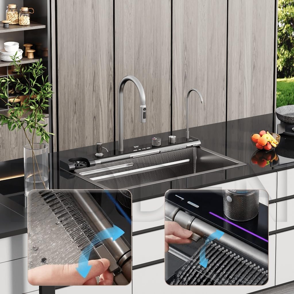 30 x 18 x 9 inches Digital Sink Anti Scratch Honeycomb Design Kitchen Sink | 7-Piano Switch with Waterfall and Pull-Down Faucet | 304 Grade Steel Sink with LED Digital Display & RO Tap