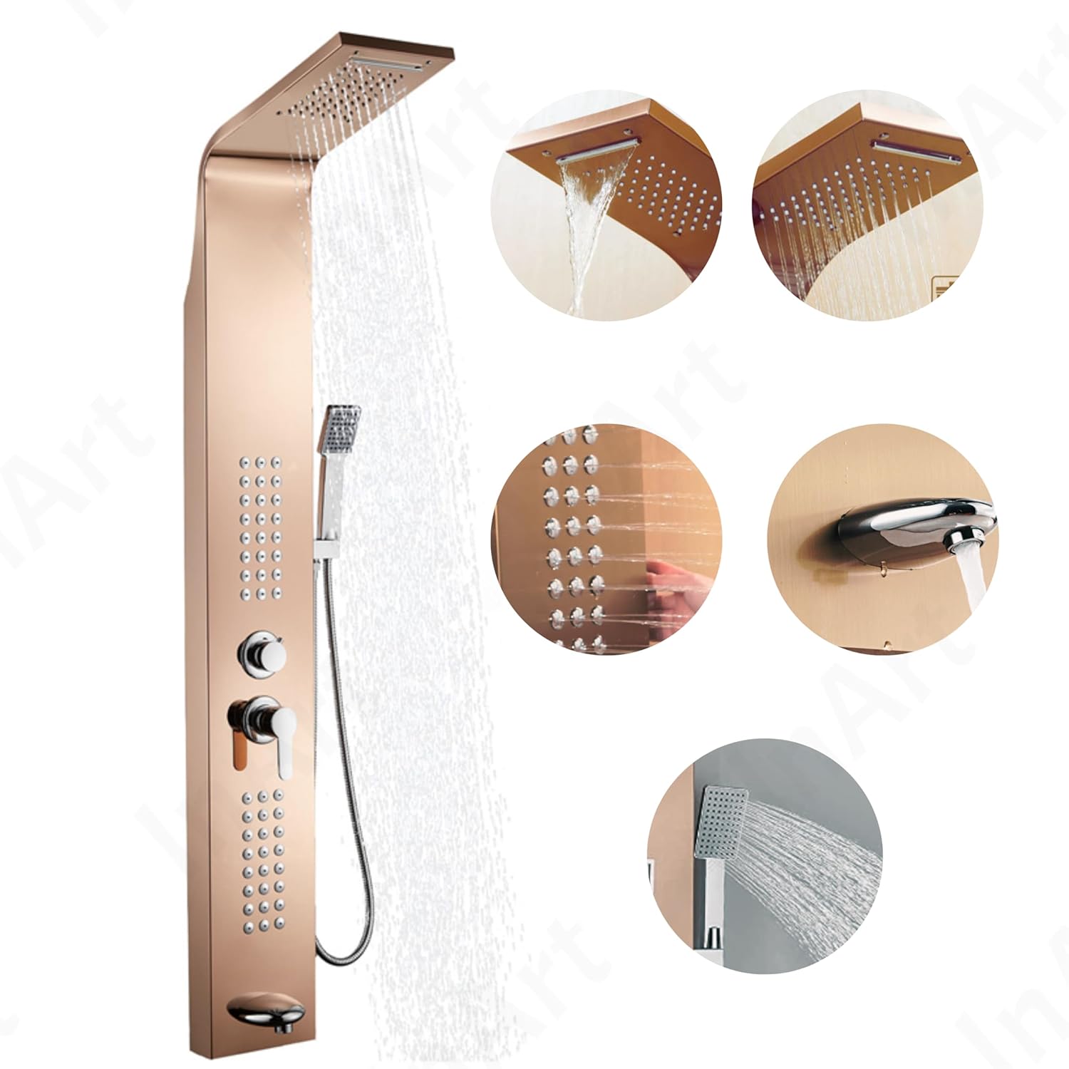 InArt Stainless Steel Shower Panel Tower System, Wall-Mount Shower Panel with Rainfall Waterfall Shower Head, Massage Body Jets, Tub Spout, Handheld Shower Rose Gold