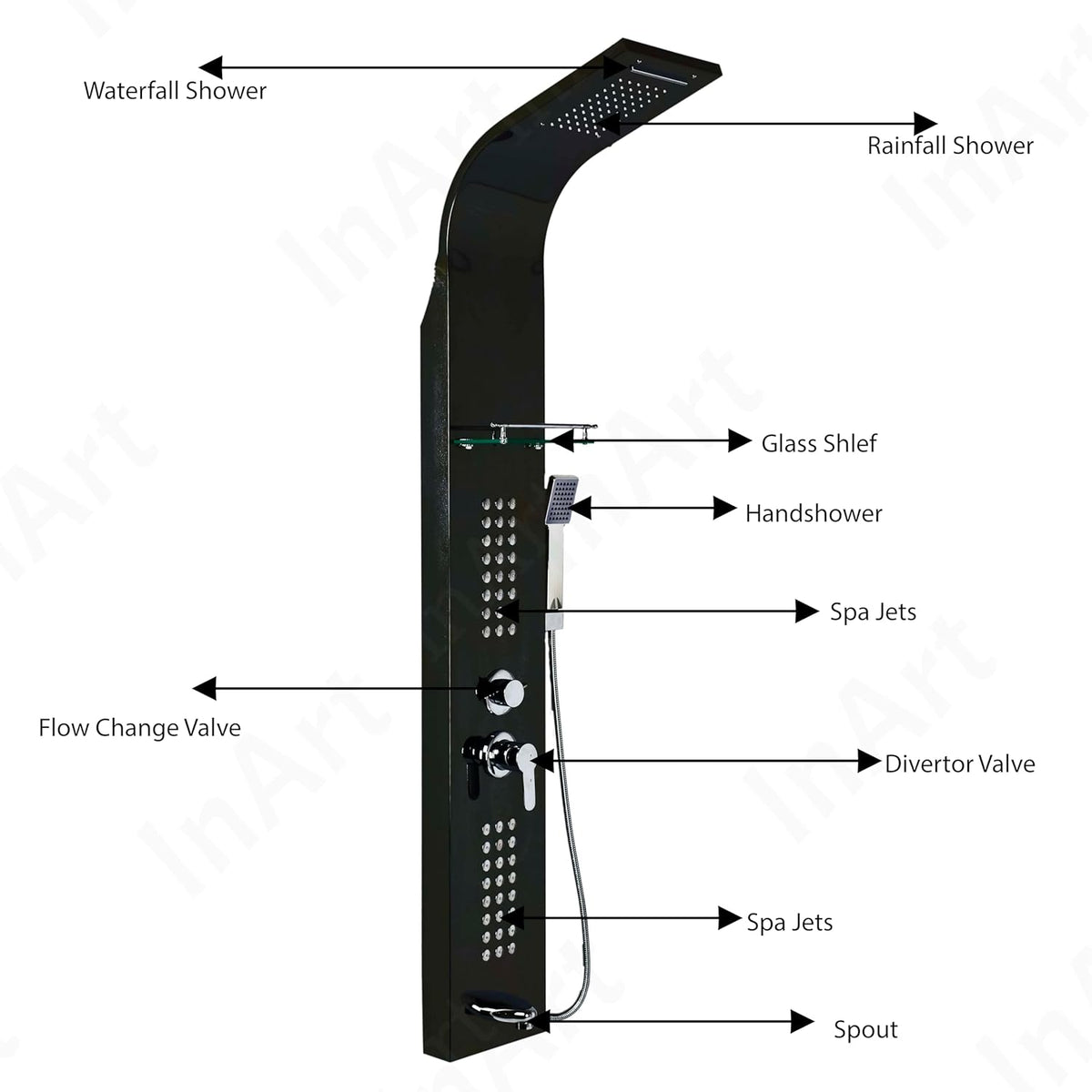 InArt Stainless Steel 304 Grade Shower Panel 5 in 1 Tower System with Waterfall, Rainfall Shower, Body Massage Spray, SS Handheld Shower, and Glass Shelf Mirror Black Color