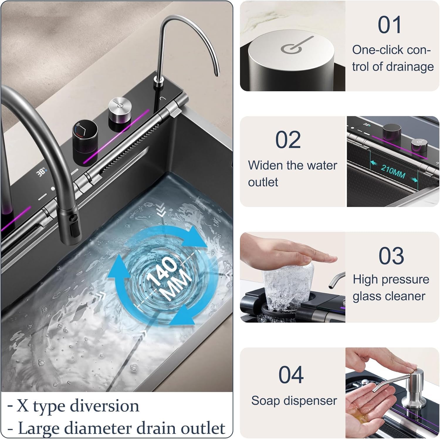 30 x 18 x 9 inches Digital Sink Anti Scratch Honeycomb Design Kitchen Sink | 7-Piano Switch with Waterfall and Pull-Down Faucet | 304 Grade Steel Sink with LED Digital Display & RO Tap