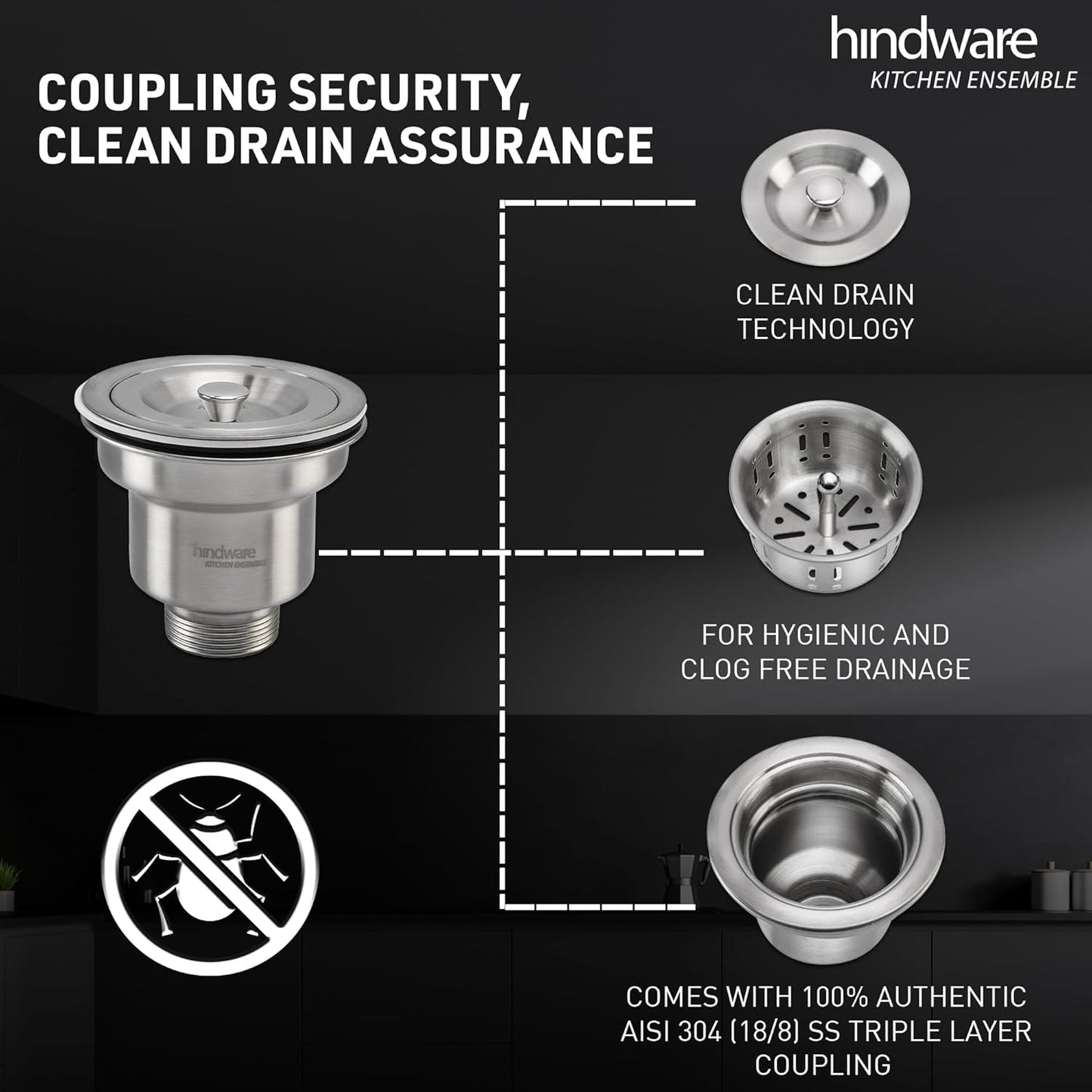 Hindware Kitchen Sink 24"x18"x9"| 304 Grade Stainless Steel | Handmade Single Bowl Sink With Waste Coupling | 25 Yrs Warranty on Product by Brand (Domingo Neo)