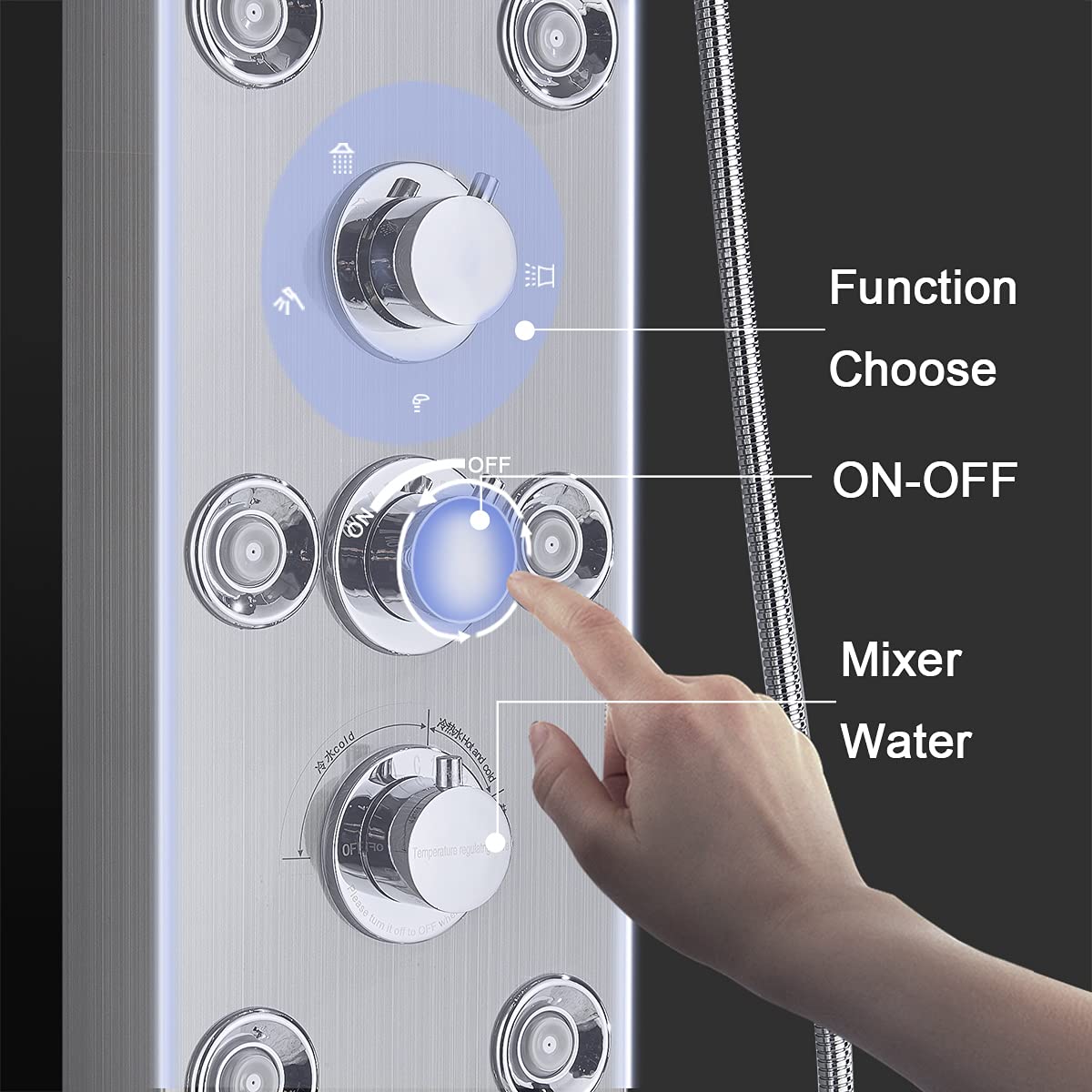 FUZ Contemporary Shower Panel Tower System Stainless Steel 6-Function Faucet LED Rainfall Waterfall Shower Head + Handheld Sprayer + Rain Massage Body Jets + Tub Spout,Brushed Nickel