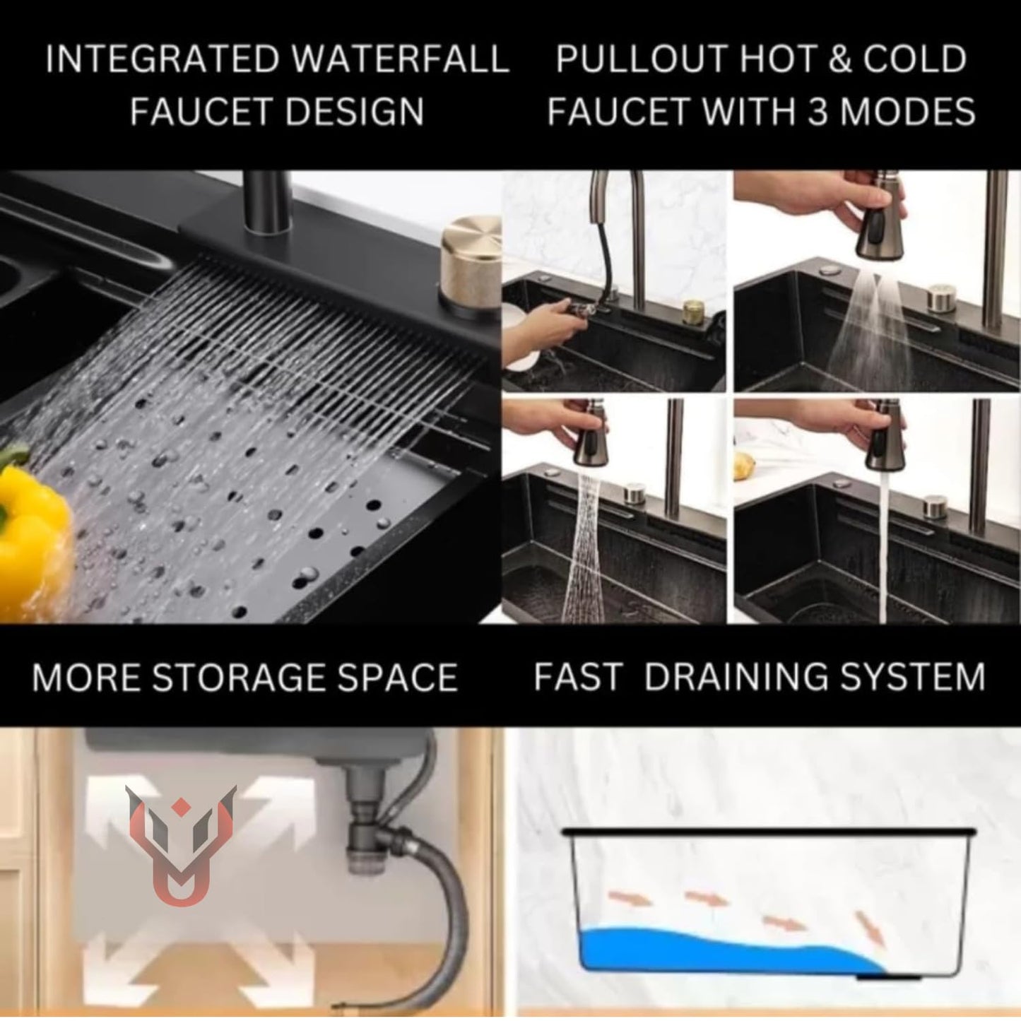 UMAVANSHI Kitchen Sink 304 Grade Anti Scratch Design With Integrated Waterfall And Pull-down Faucet Set and All Accessories (All In One (24X18X9))