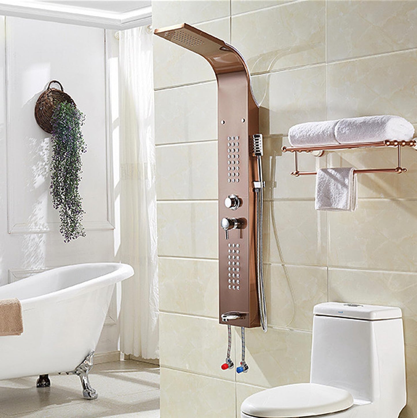 InArt Stainless Steel 304 Grade Shower Panel 5 in 1 Tower System with Waterfall, Rainfall Shower, Body Massage Spray, SS Handheld Shower, and Glass Shelf Mirror Black Color