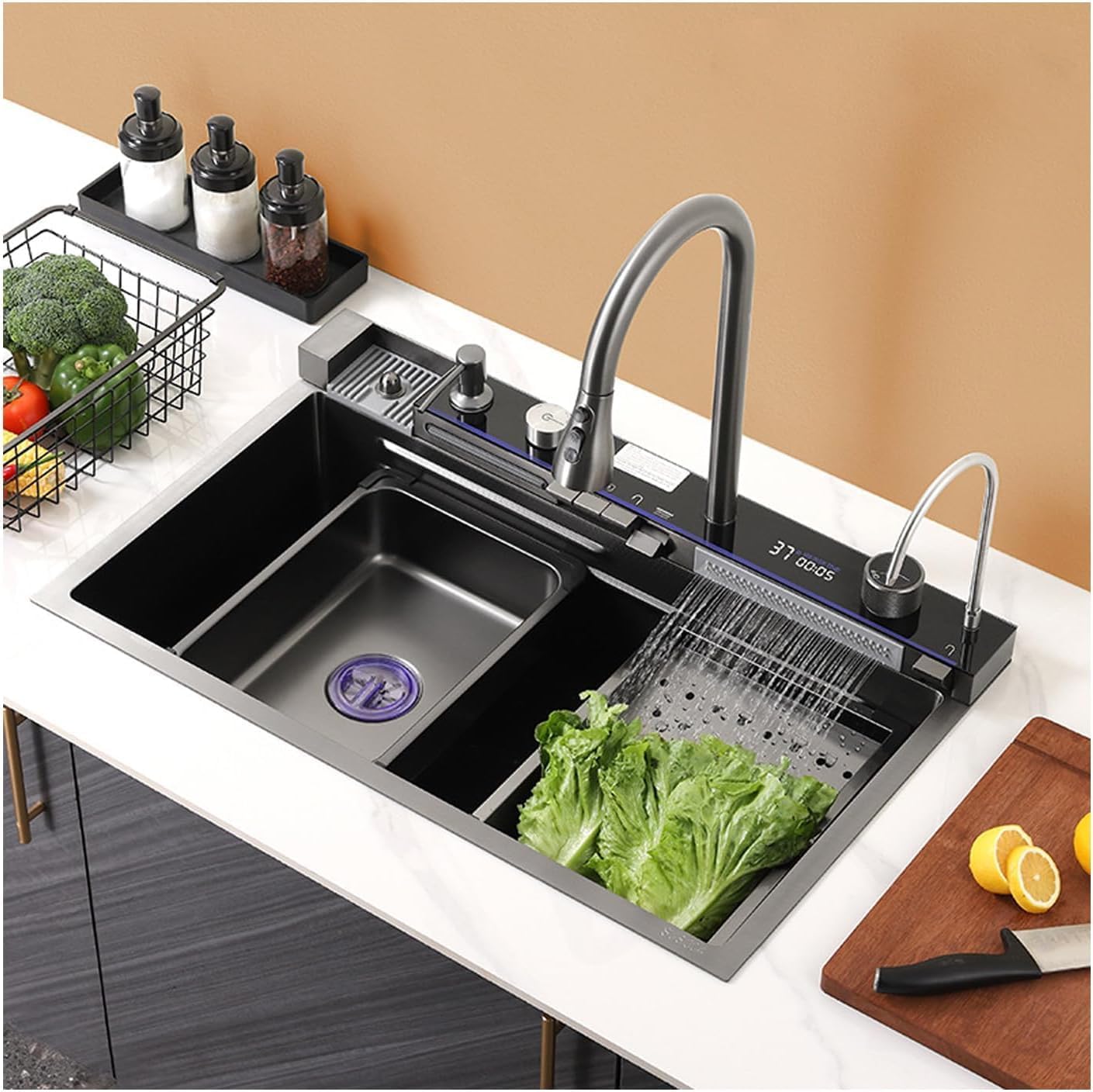 UMAVANSHI Kitchen Sink 304 Grade Anti Scratch Design With Integrated Waterfall And Pull-down Faucet Set and All Accessories (All In One (24X18X9))