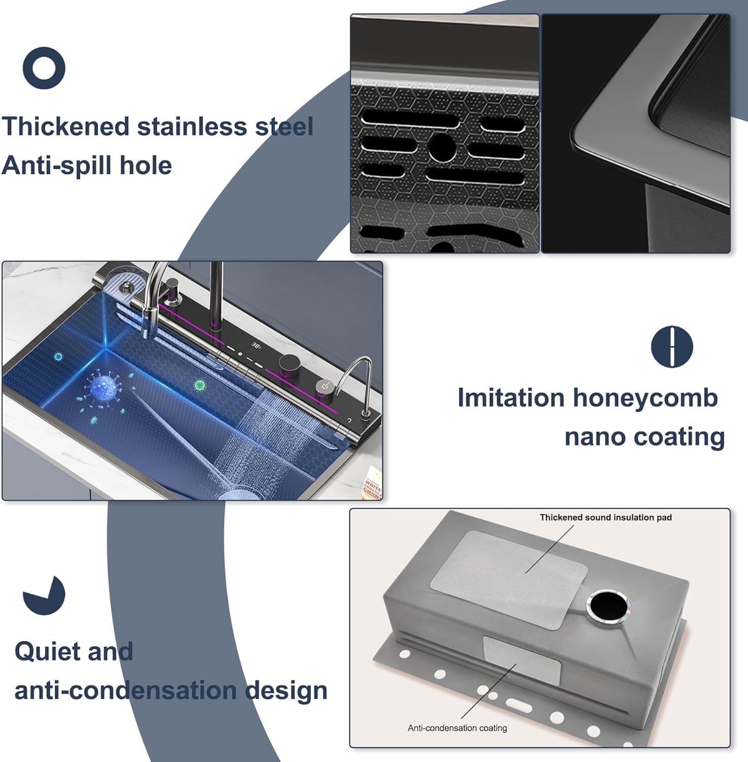 30 x 18 x 9 inches Digital Sink Anti Scratch Honeycomb Design Kitchen Sink | 7-Piano Switch with Waterfall and Pull-Down Faucet | 304 Grade Steel Sink with LED Digital Display & RO Tap