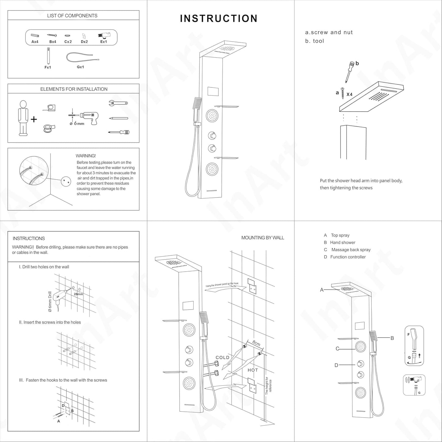 InArt Stainless Steel Shower Panel Tower System, Wall-Mount Shower Panel with Rainfall Waterfall Shower Head, Massage Body Jets, Tub Spout, Handheld Shower Rose Gold