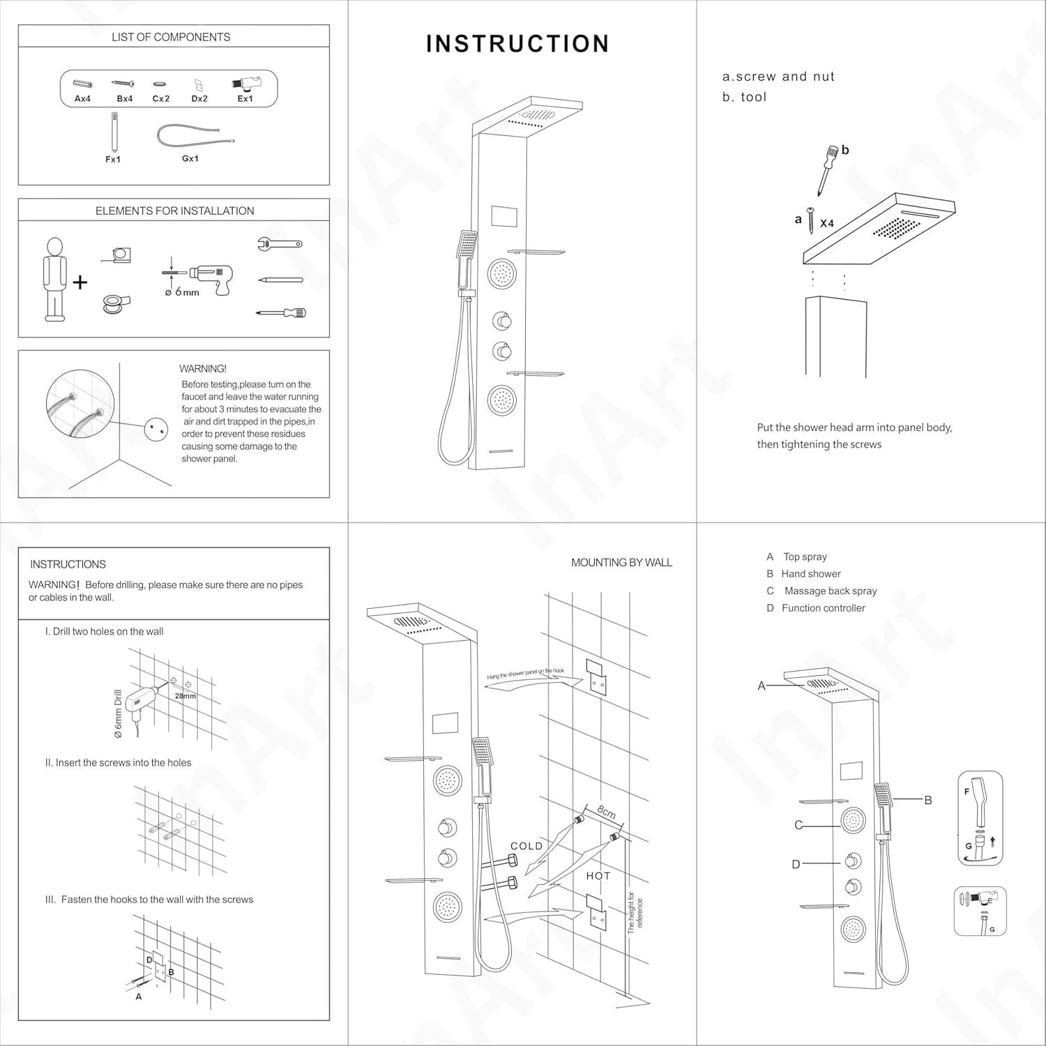 InArt Stainless Steel Shower Panel Tower System, Wall-Mount Shower Panel with Rainfall Waterfall Shower Head, Massage Body Jets, Tub Spout, Handheld Shower Rose Gold