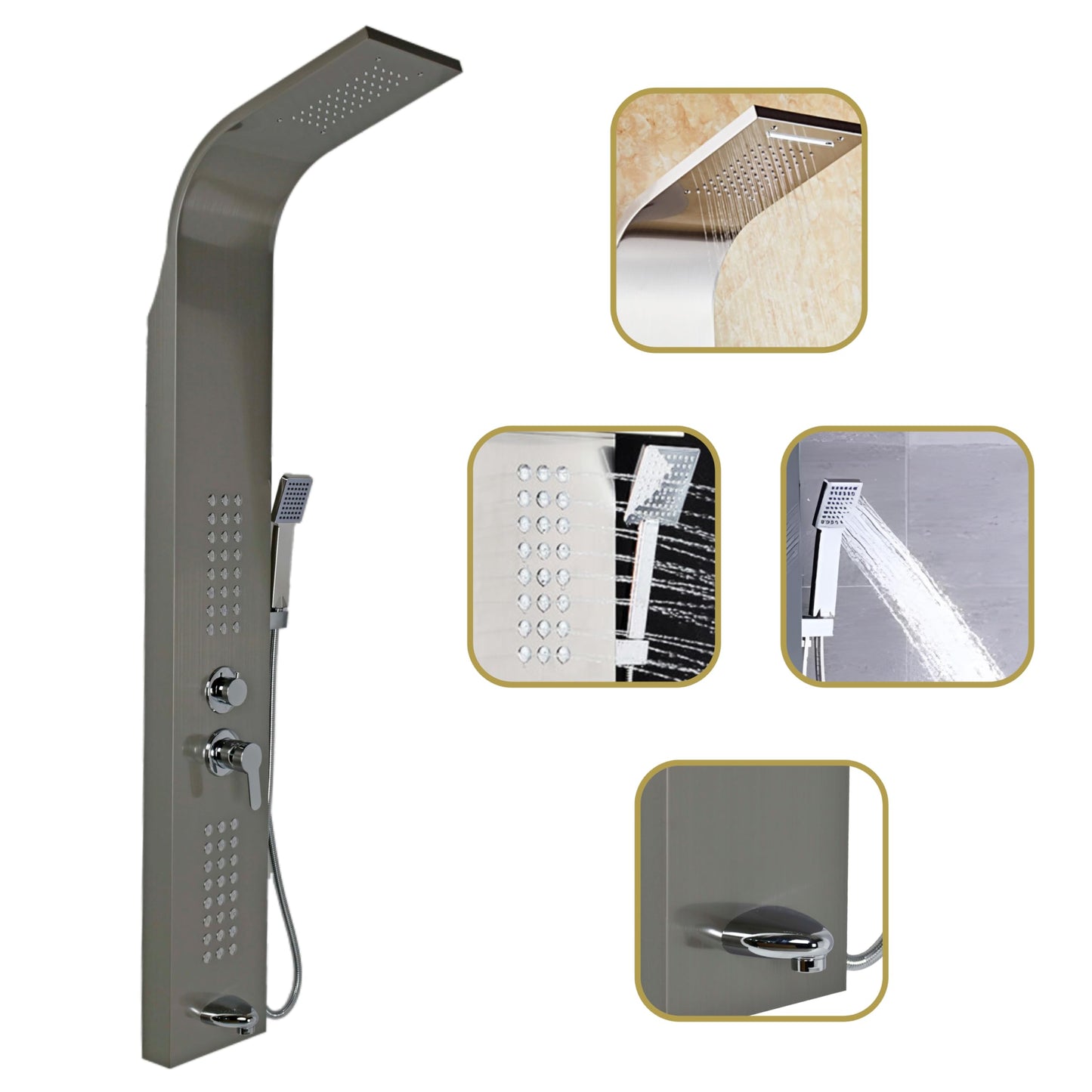 InArt Stainless Steel 304 Grade Shower Panel 5 in 1 Tower System with Waterfall, Rainfall Shower, Body Massage Spray, SS Handheld Shower, and Glass Shelf Mirror Black Color