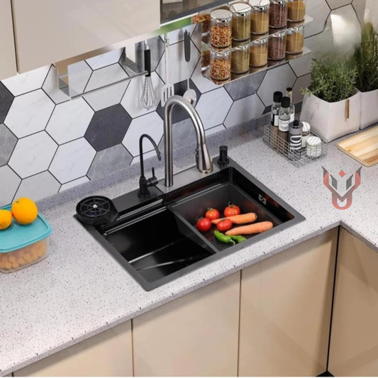 UMAVANSHI Kitchen Sink 304 Grade Anti Scratch Design With Integrated Waterfall And Pull-down Faucet Set and All Accessories (All In One (24X18X9))