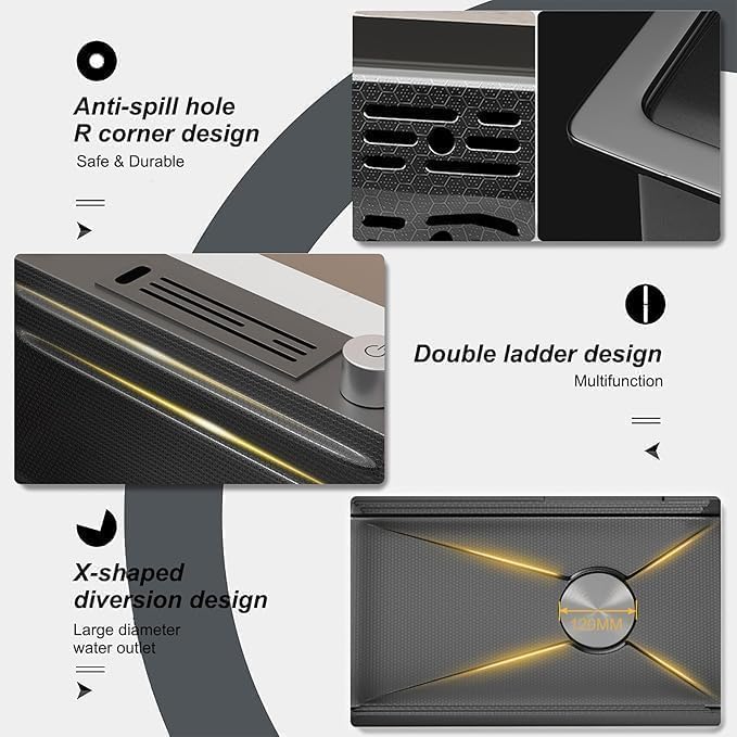 Waterfall Kitchen Sink Integrated HONEYCOMB DESIGN 304 Grade With BLACK Finish Single Bowl Stainless Steel Multifunction Kitchen Sink (30 X 18 Piano Sink)