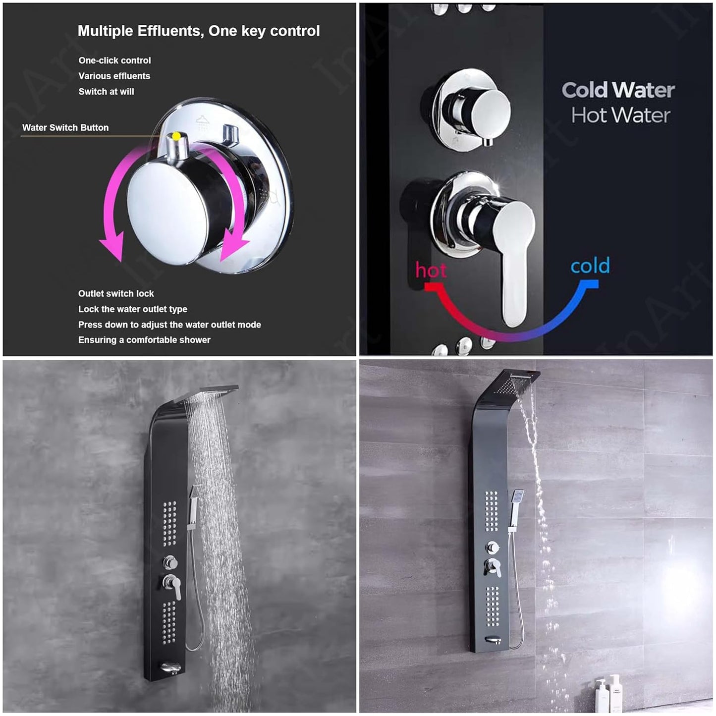 InArt Stainless Steel 304 Grade Shower Panel 5 in 1 Tower System with Waterfall, Rainfall Shower, Body Massage Spray, SS Handheld Shower, and Glass Shelf Mirror Black Color