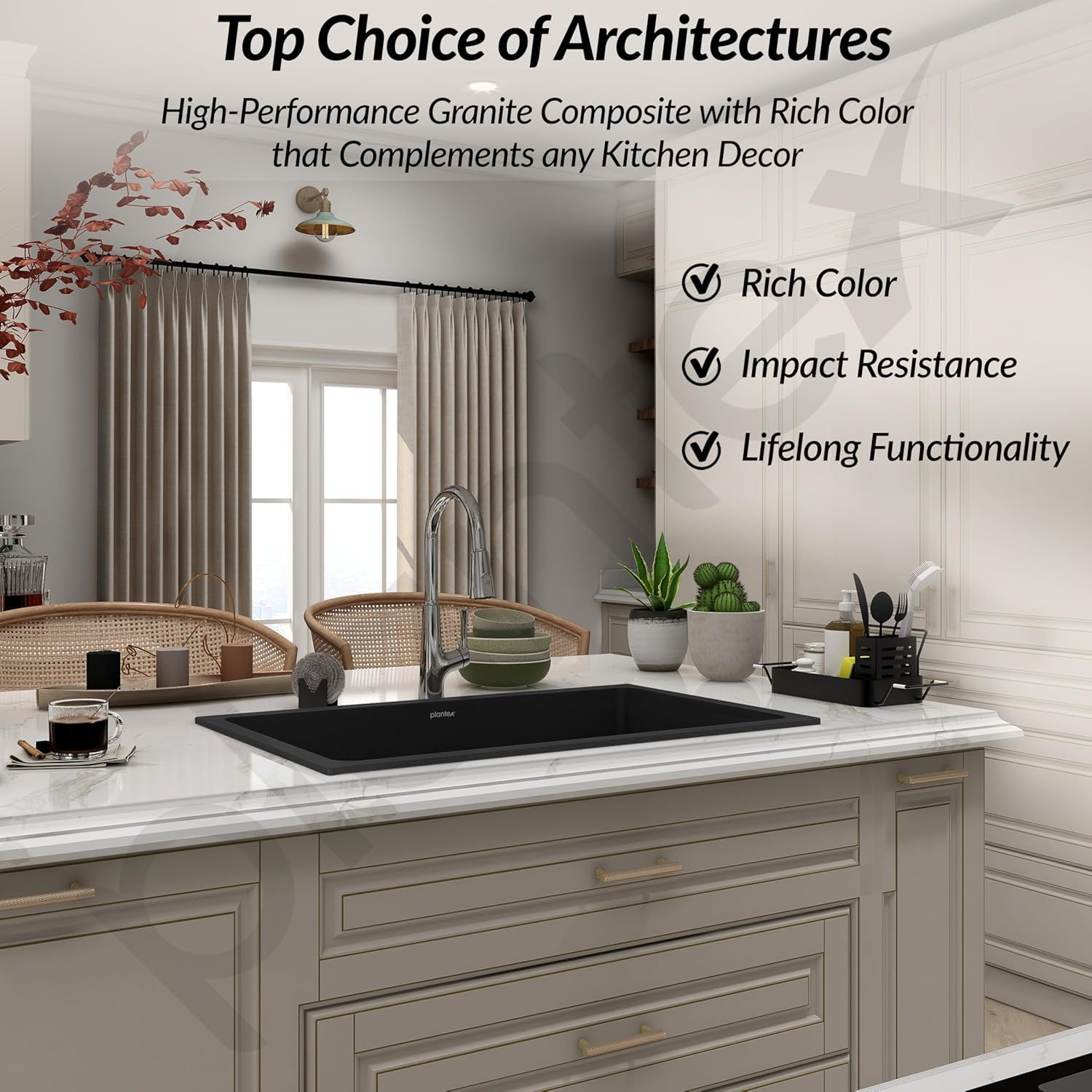 Plantex Quartz Sink for Kitchen/UV Protected Black Kitchen Sink/Granite Single Bowl Sinks/Undermount/Topmount (Black-24x18 Inches)