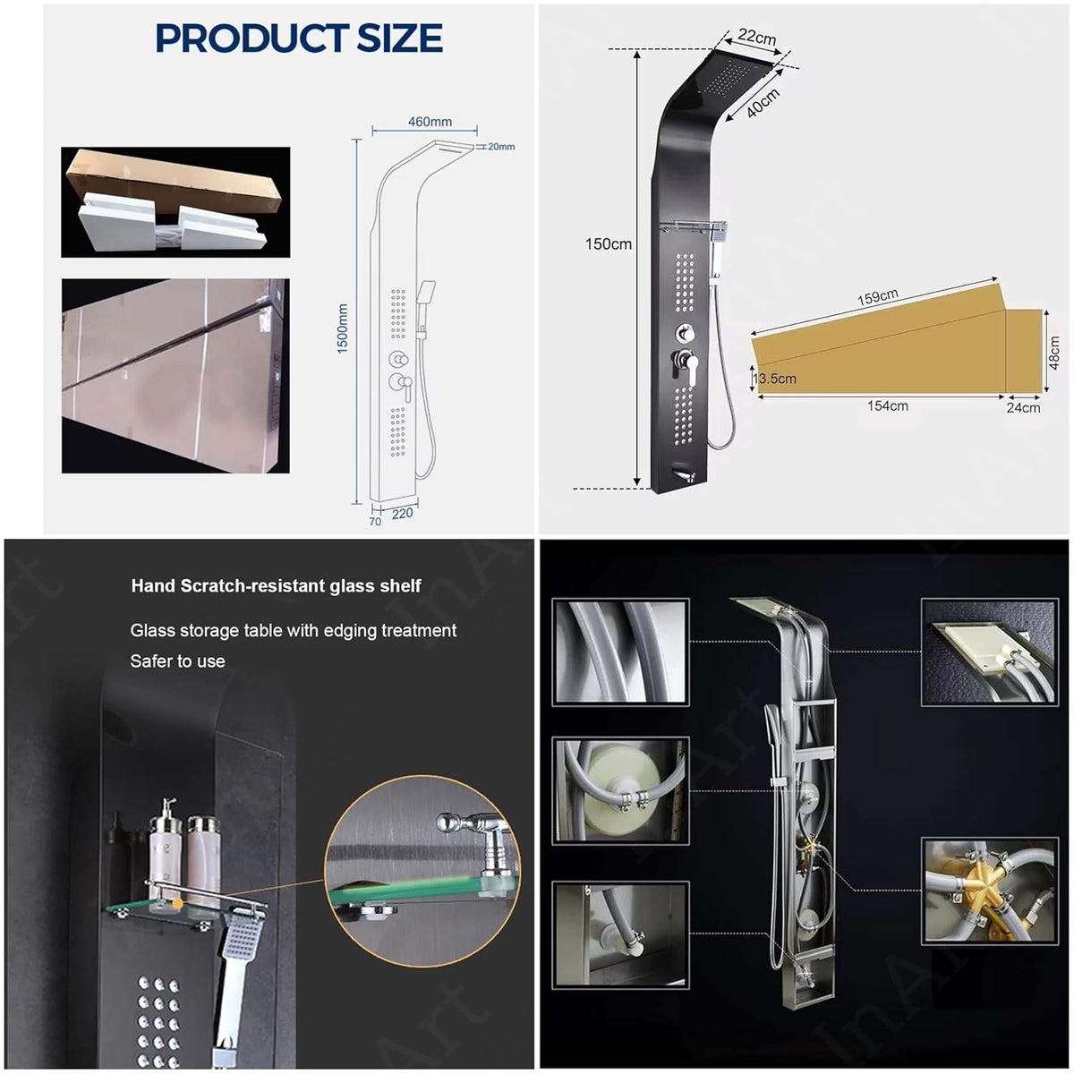 InArt Stainless Steel 304 Grade Shower Panel 5 in 1 Tower System with Waterfall, Rainfall Shower, Body Massage Spray, SS Handheld Shower, and Glass Shelf Mirror Black Color