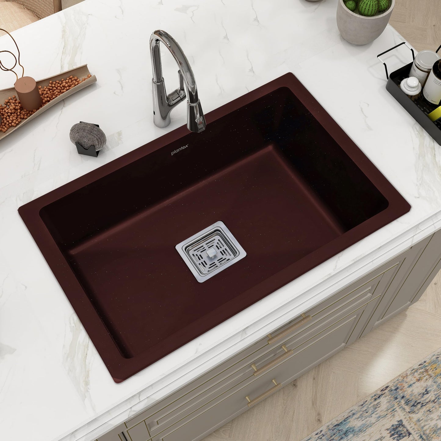 Plantex Quartz Sink for Kitchen/UV Protected Black Kitchen Sink/Granite Single Bowl Sinks/Undermount/Topmount (Black-24x18 Inches)