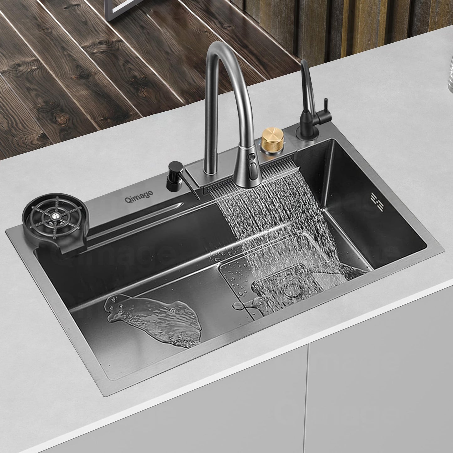 30 x 18 x 9 inches Digital Sink Anti Scratch Honeycomb Design Kitchen Sink | 7-Piano Switch with Waterfall and Pull-Down Faucet | 304 Grade Steel Sink with LED Digital Display & RO Tap