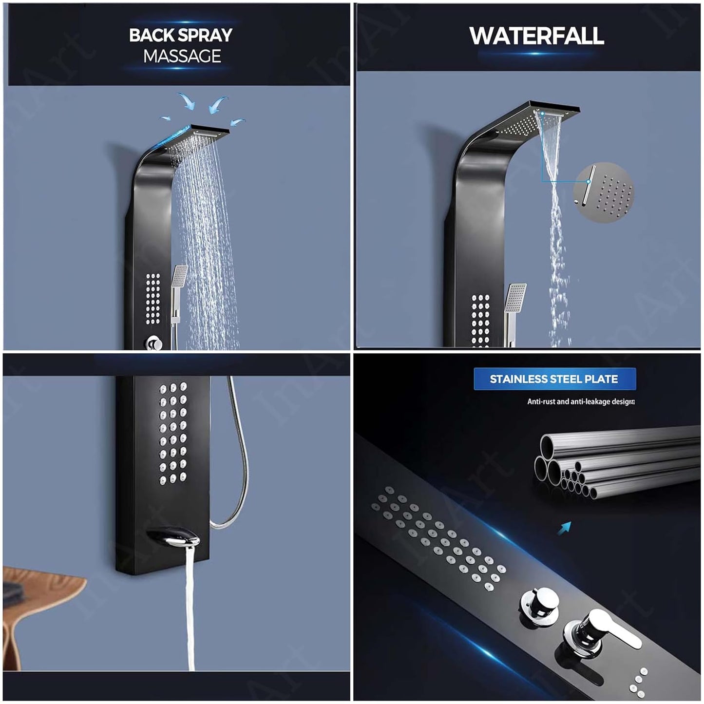 InArt Stainless Steel 304 Grade Shower Panel 5 in 1 Tower System with Waterfall, Rainfall Shower, Body Massage Spray, SS Handheld Shower, and Glass Shelf Mirror Black Color