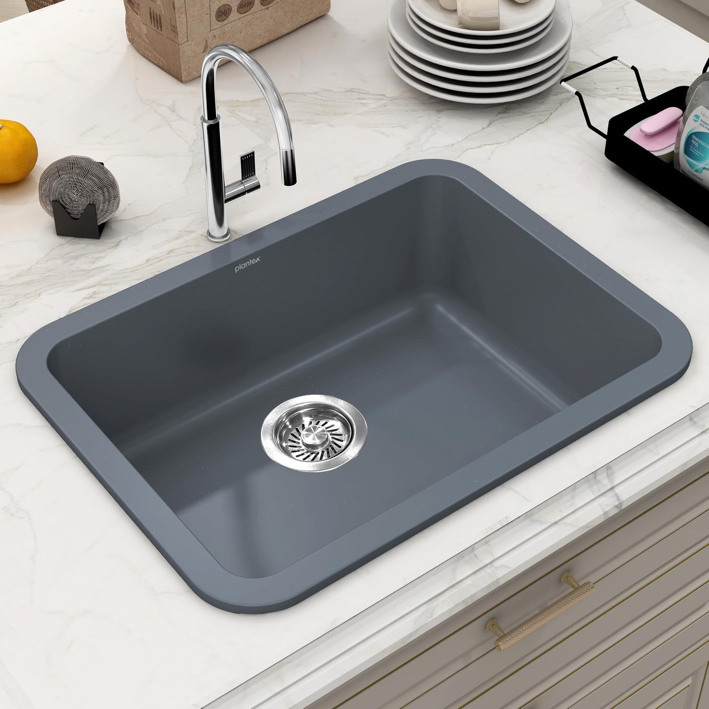 Plantex Quartz Sink for Kitchen/UV Protected Black Kitchen Sink/Granite Single Bowl Sinks/Undermount/Topmount (Black-24x18 Inches)