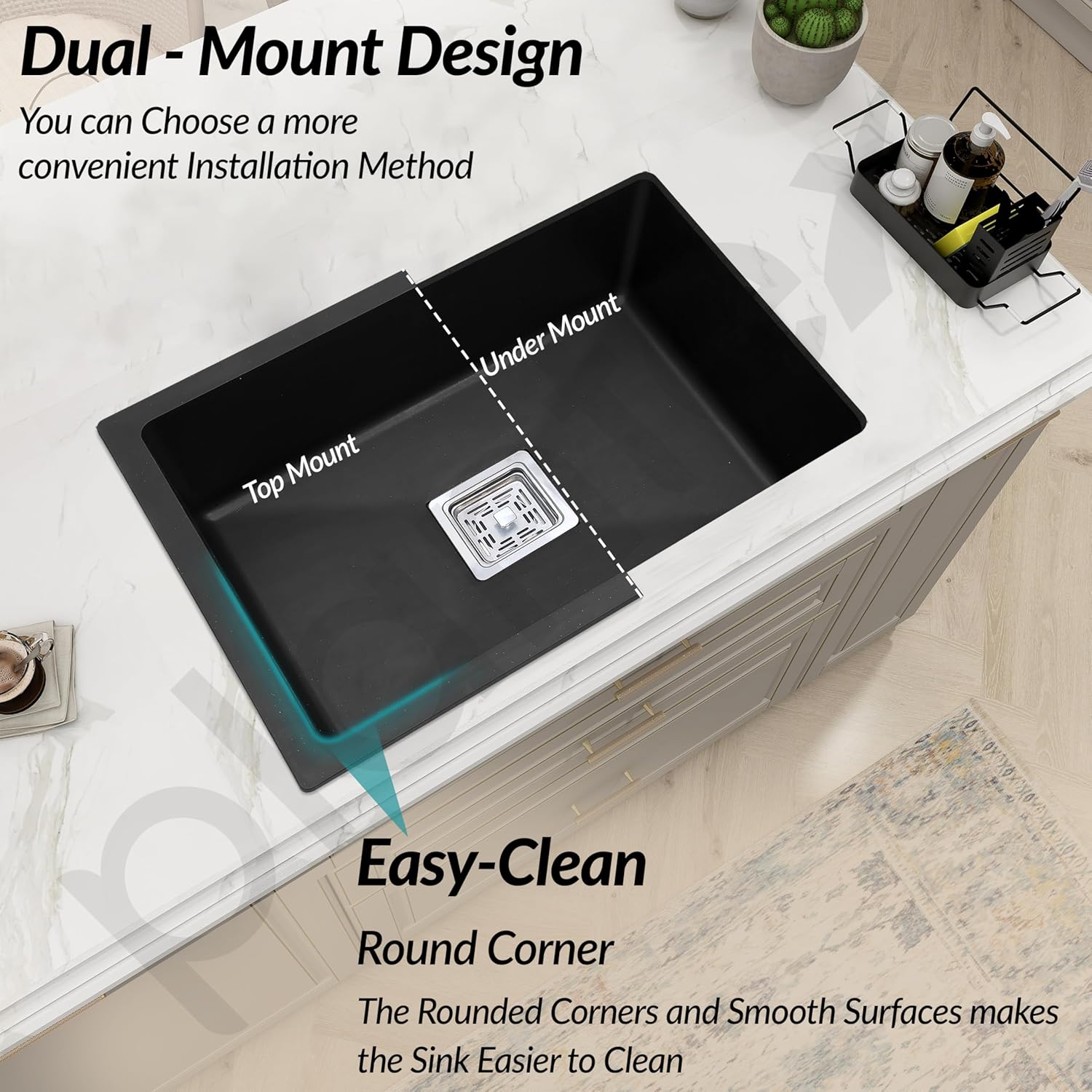 Plantex Quartz Sink for Kitchen/UV Protected Black Kitchen Sink/Granite Single Bowl Sinks/Undermount/Topmount (Black-24x18 Inches)