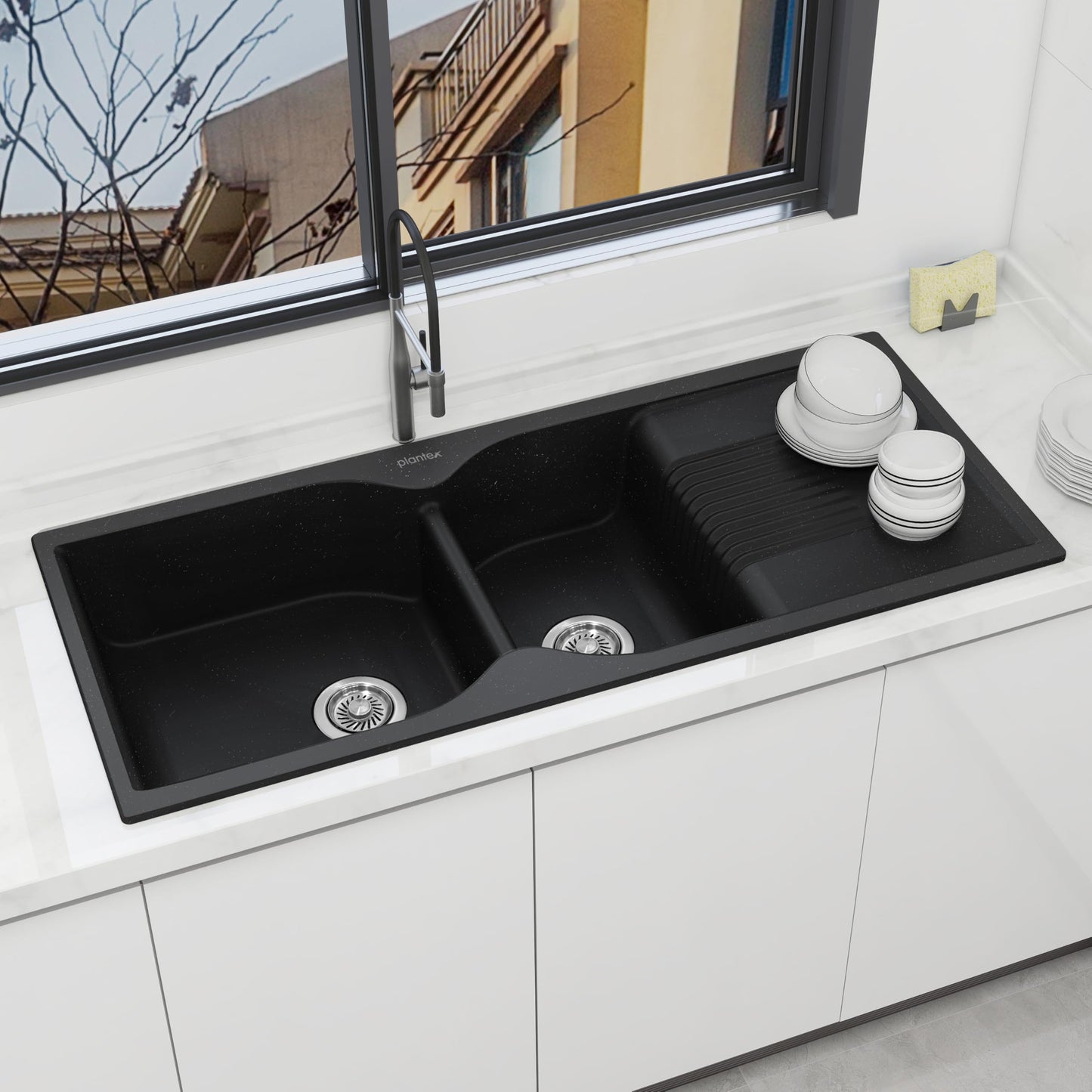 Plantex Quartz Sink for Kitchen/UV Protected Black Kitchen Sink/Granite Single Bowl Sinks/Undermount/Topmount (Black-24x18 Inches)