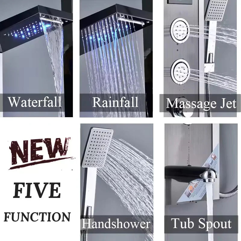 Stainless Steel 304 Grade Shower Panel 7in1+ Extra Large 3Ways Hand Shower Tower System With LED Rainfall Waterfall Shower 2Body Massage 4Mist Spray Temperature Display Shower Panel.(Black)