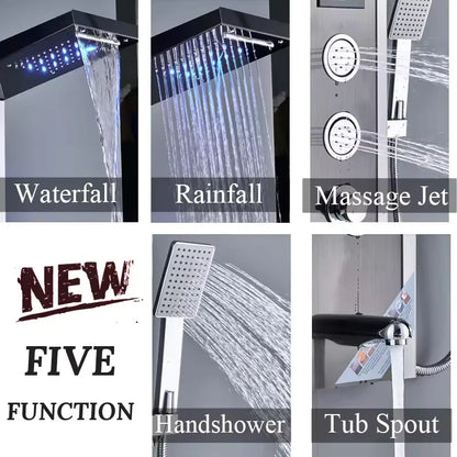 Stainless Steel 304 Grade Shower Panel 7in1+ Extra Large 3Ways Hand Shower Tower System With LED Rainfall Waterfall Shower 2Body Massage 4Mist Spray Temperature Display Shower Panel.(Black)