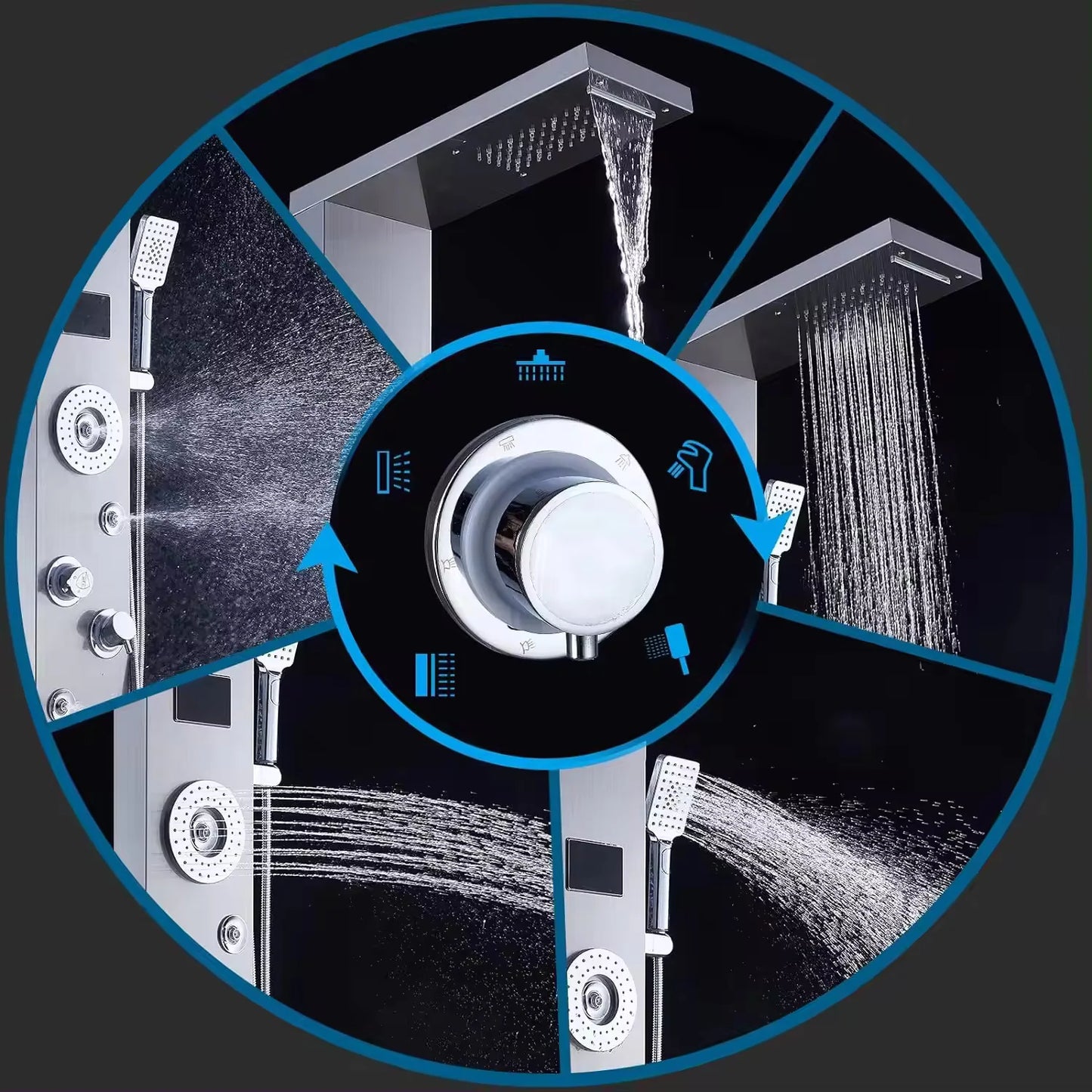 Stainless Steel 304 Grade Shower Panel 7in1+ Extra Large 3Ways Hand Shower Tower System With LED Rainfall Waterfall Shower 2Body Massage 4Mist Spray Temperature Display Shower Panel.(Black)