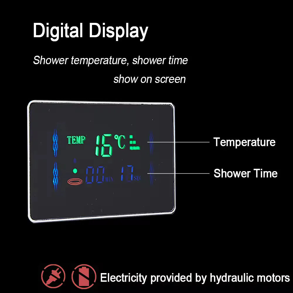 Stainless Steel 304 Grade Shower Panel 7in1+ Extra Large 3Ways Hand Shower Tower System With LED Rainfall Waterfall Shower 2Body Massage 4Mist Spray Temperature Display Shower Panel.(Black)