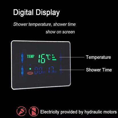 Stainless Steel 304 Grade Shower Panel 7in1+ Extra Large 3Ways Hand Shower Tower System With LED Rainfall Waterfall Shower 2Body Massage 4Mist Spray Temperature Display Shower Panel.(Black)