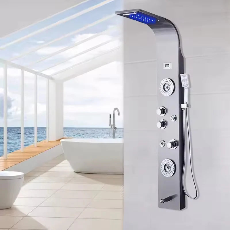 Stainless Steel 304 Grade Shower Panel 7in1+ Extra Large 3Ways Hand Shower Tower System With LED Rainfall Waterfall Shower 2Body Massage 4Mist Spray Temperature Display Shower Panel.(Black)