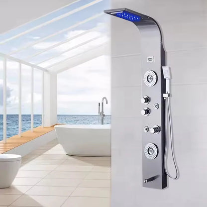 Stainless Steel 304 Grade Shower Panel 7in1+ Extra Large 3Ways Hand Shower Tower System With LED Rainfall Waterfall Shower 2Body Massage 4Mist Spray Temperature Display Shower Panel.(Black)